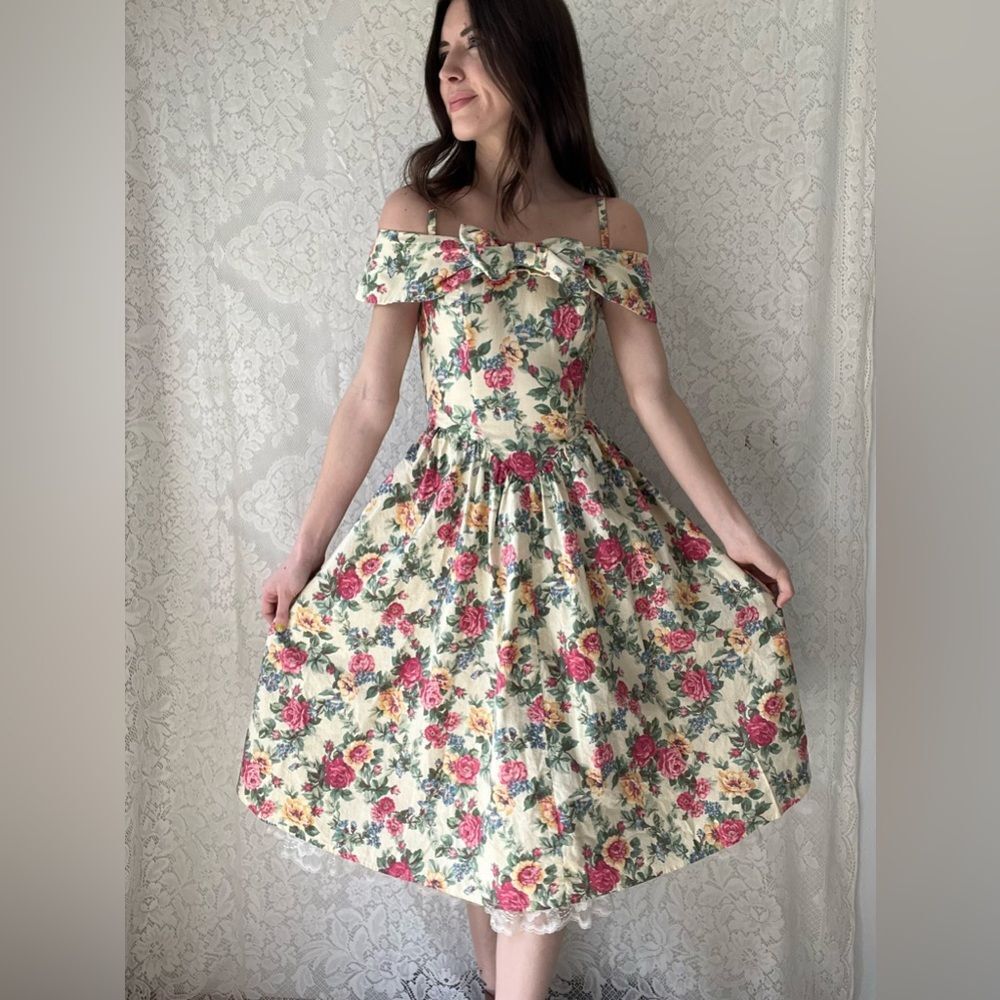 Vintage 80s All That Jazz Drop Waist Floral Dress Corset Style & Lace Ruffle - Picture 5 of 16